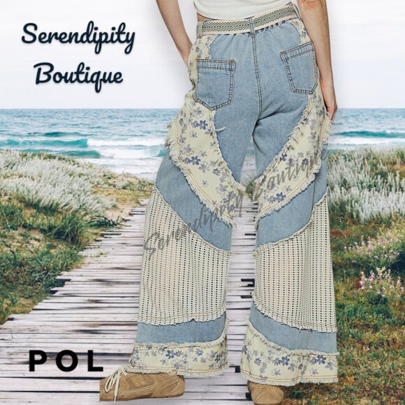 POL Floral Patchwork Frayed Edge Super Baggy Wide Flare Leg Cotton Denim Jeans - Picture 5 of 11